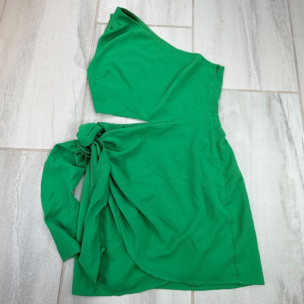 Runaway the Label RNWY Green One Shoulder Cutout Tie Waist Mini Dress US 4 S